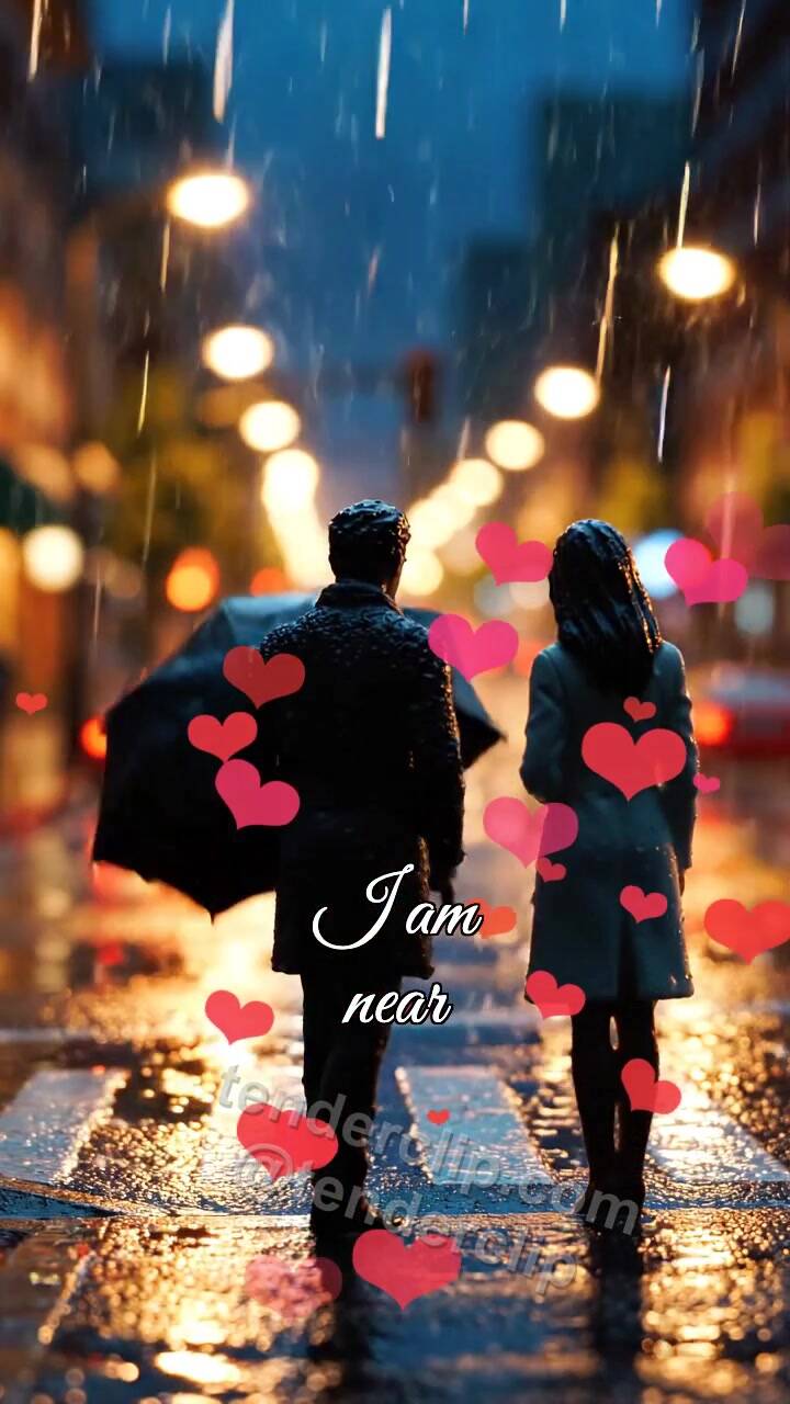 Animated greeting card about I am near: man shields a woman from rain