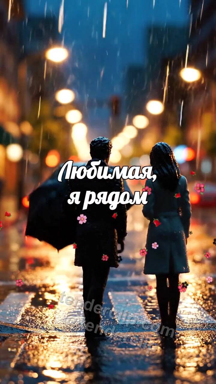 Анимационная открытка на тему Любимая, я рядом: мужчина закрывает женщину от дождя