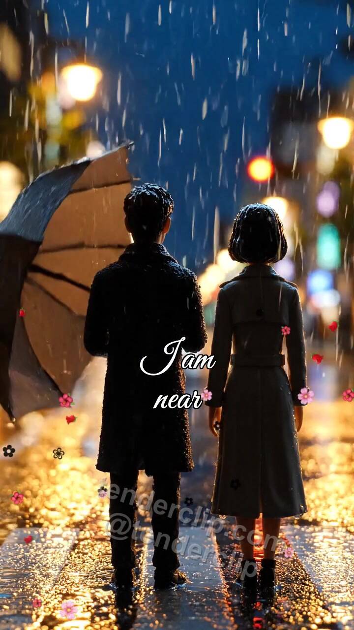 Animated greeting card about I am near: man shields a woman from rain
