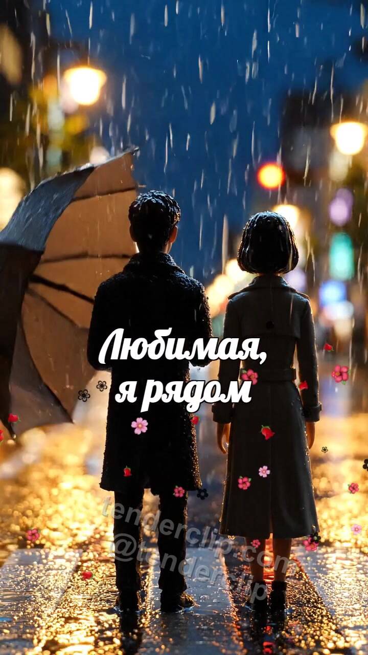 Анимационная открытка на тему Любимая, я рядом: мужчина закрывает женщину от дождя