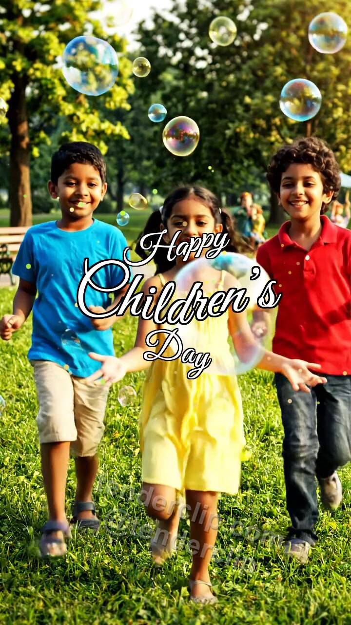 Animated greeting card about Happy Children’s Day: children chase soap bubbles