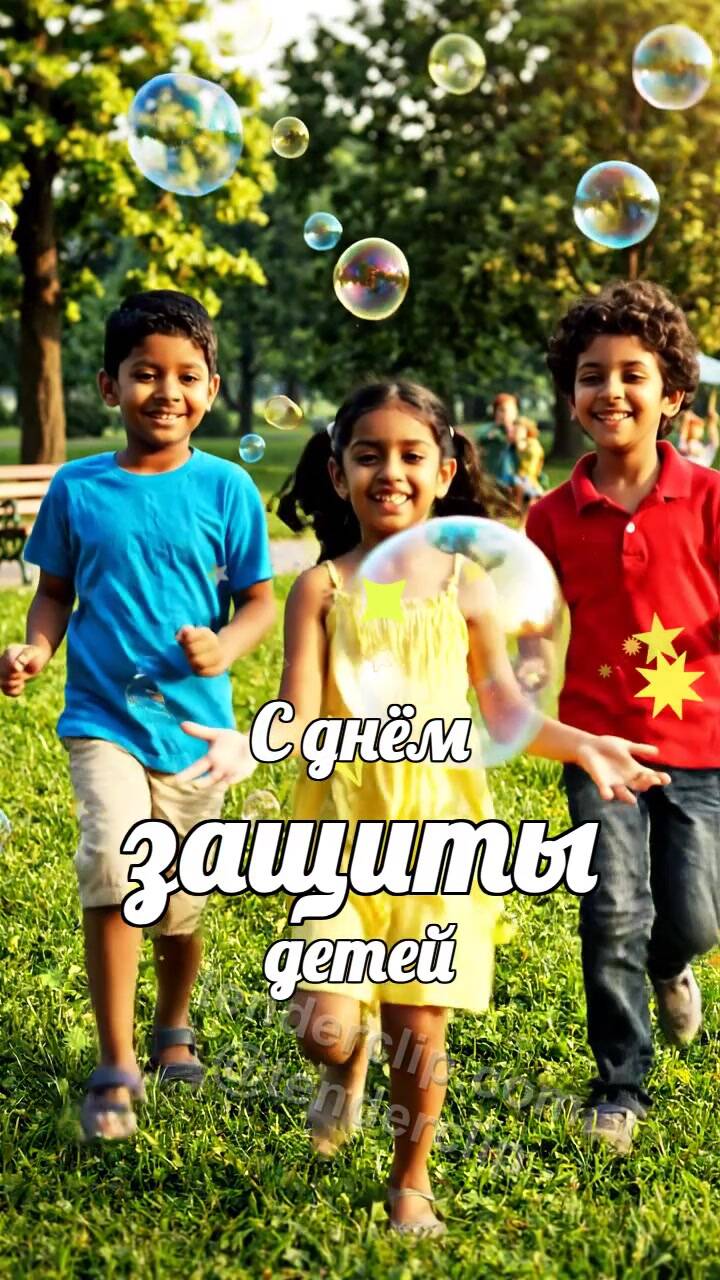 Анимационная открытка на тему С днём защиты детей: дети ловят мыльные пузыри