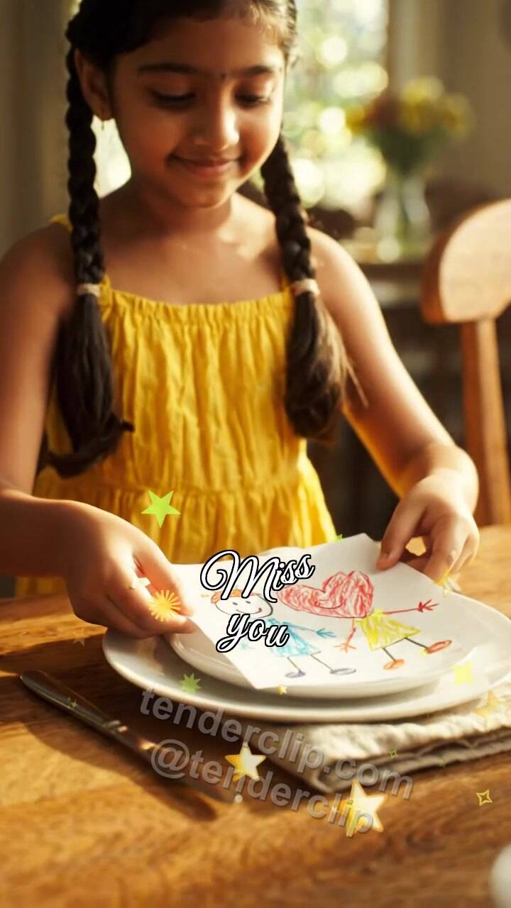 Animated greeting card about Miss you: character keeps a place at the table