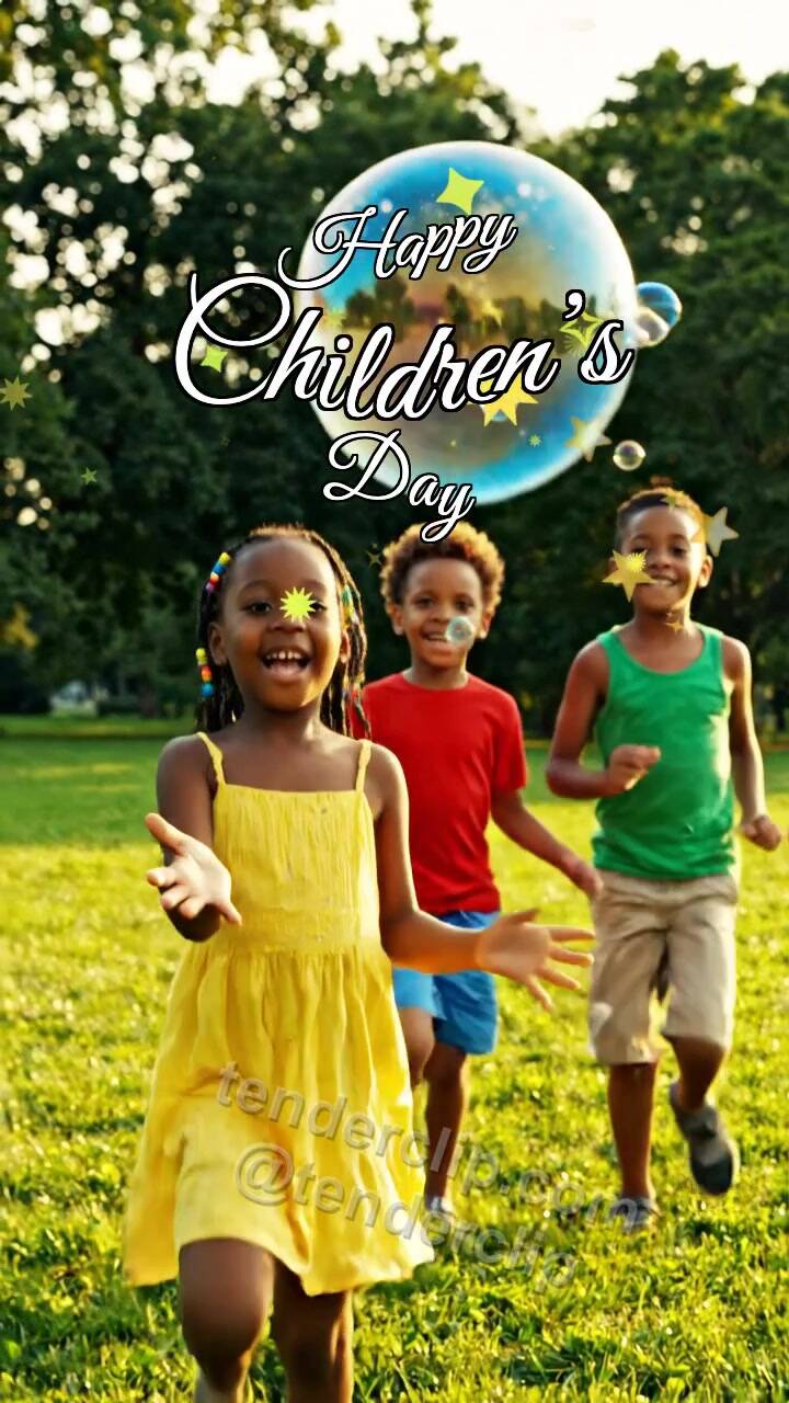 Animated greeting card about Happy Children’s Day: children chase soap bubbles