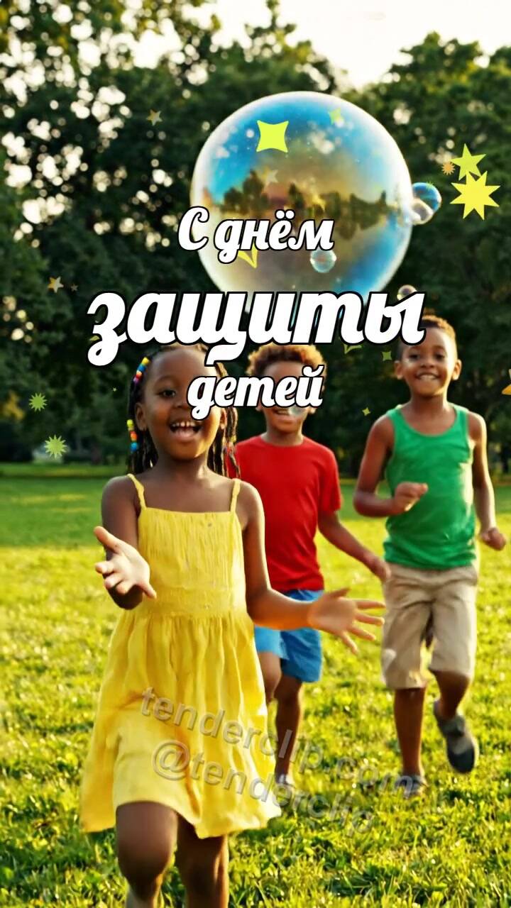 Анимационная открытка на тему С днём защиты детей: дети ловят мыльные пузыри