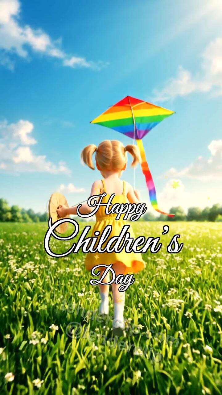 Animated greeting card about Happy Children’s Day: child launches a kite