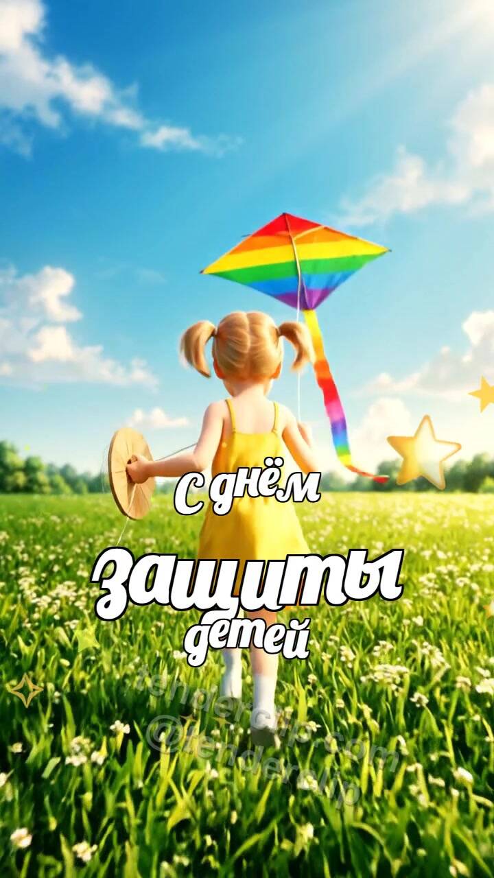 Анимационная открытка на тему С днём защиты детей: ребёнок запускает воздушного змея