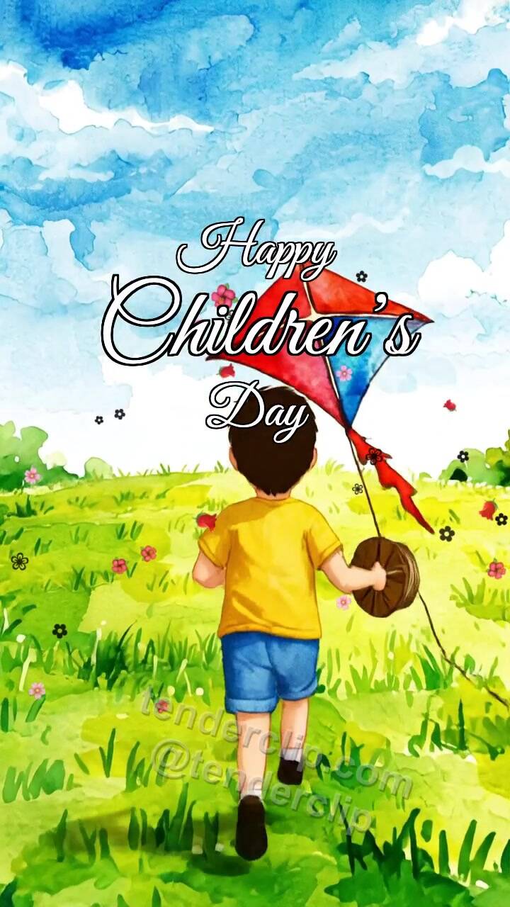 Animated greeting card about Happy Children’s Day: child launches a kite