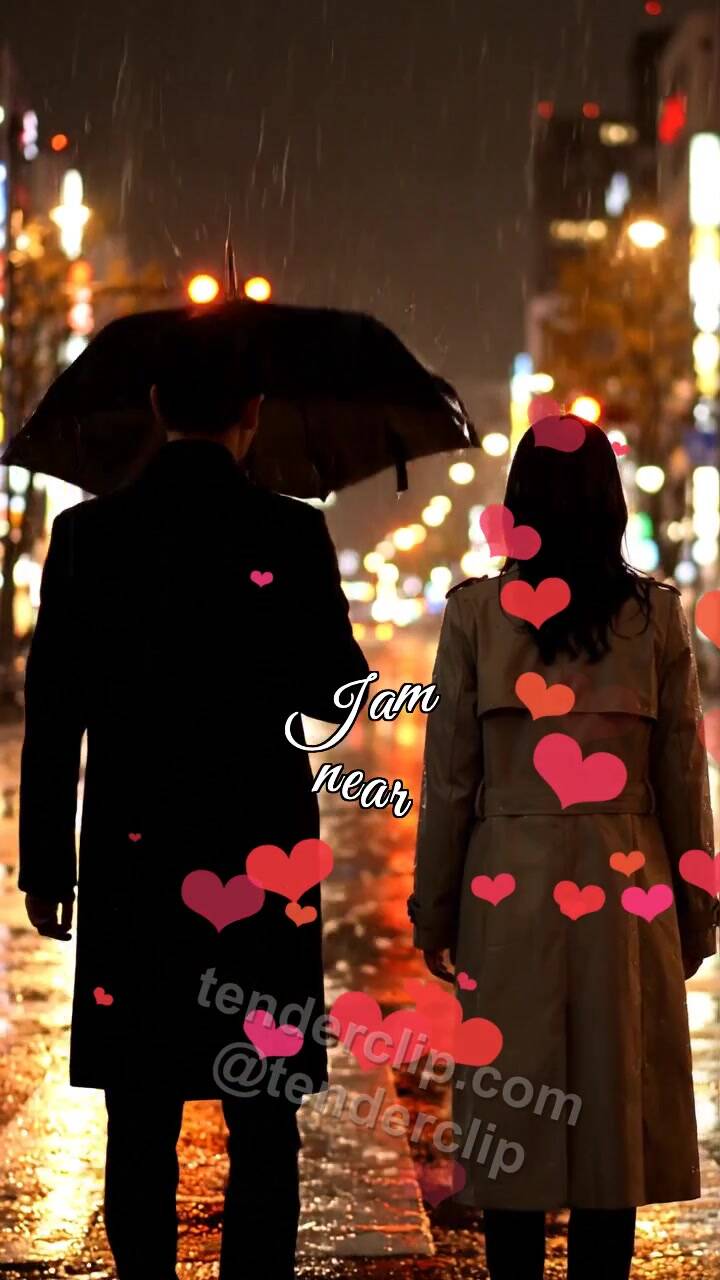 Animated greeting card about I am near: man shields a woman from rain