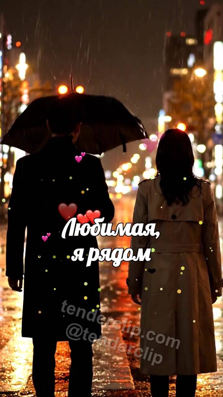 Анимационная открытка на тему Любимая, я рядом: мужчина закрывает женщину от дождя