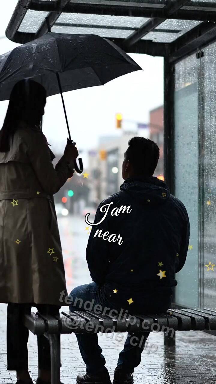 Animated greeting card about I am near: woman shields a man from rain