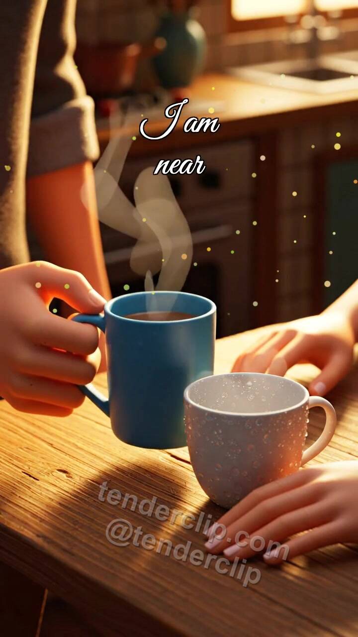 Animated greeting card about I am near: man brings a warm cup