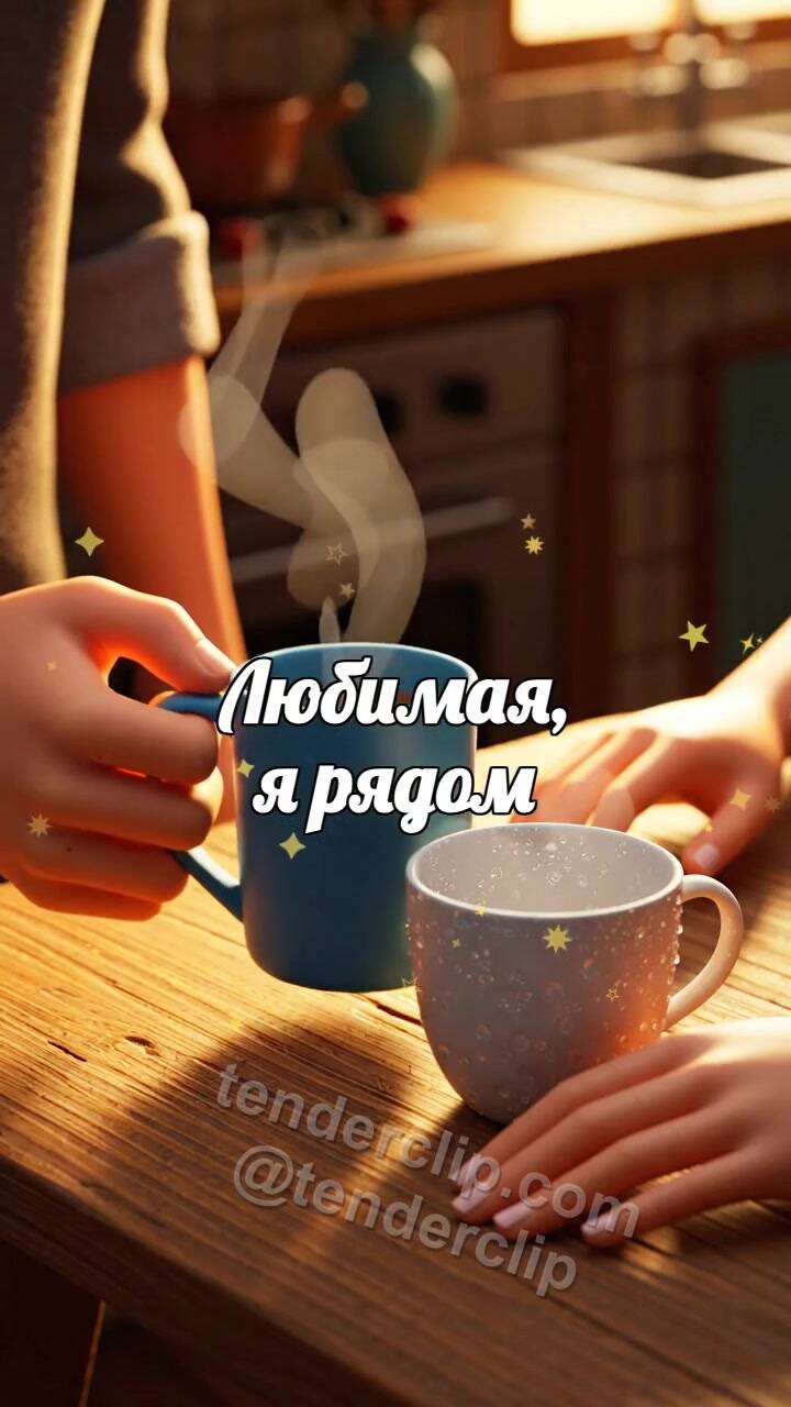 Анимационная открытка на тему Любимая, я рядом: мужчина приносит тёплую чашку