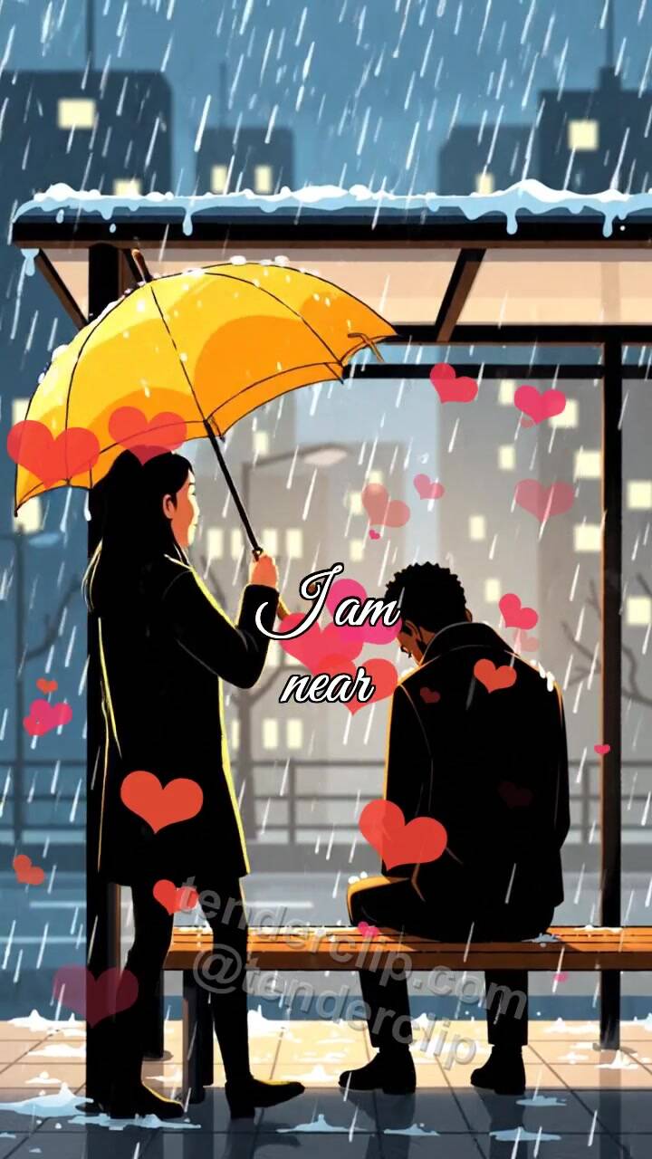 Animated greeting card about I am near: woman shields a man from rain