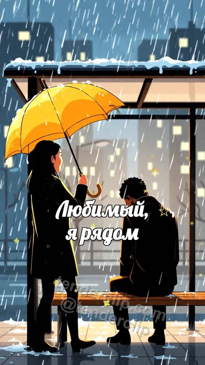 Анимационная открытка на тему Любимый, я рядом: женщина закрывает мужчину от дождя