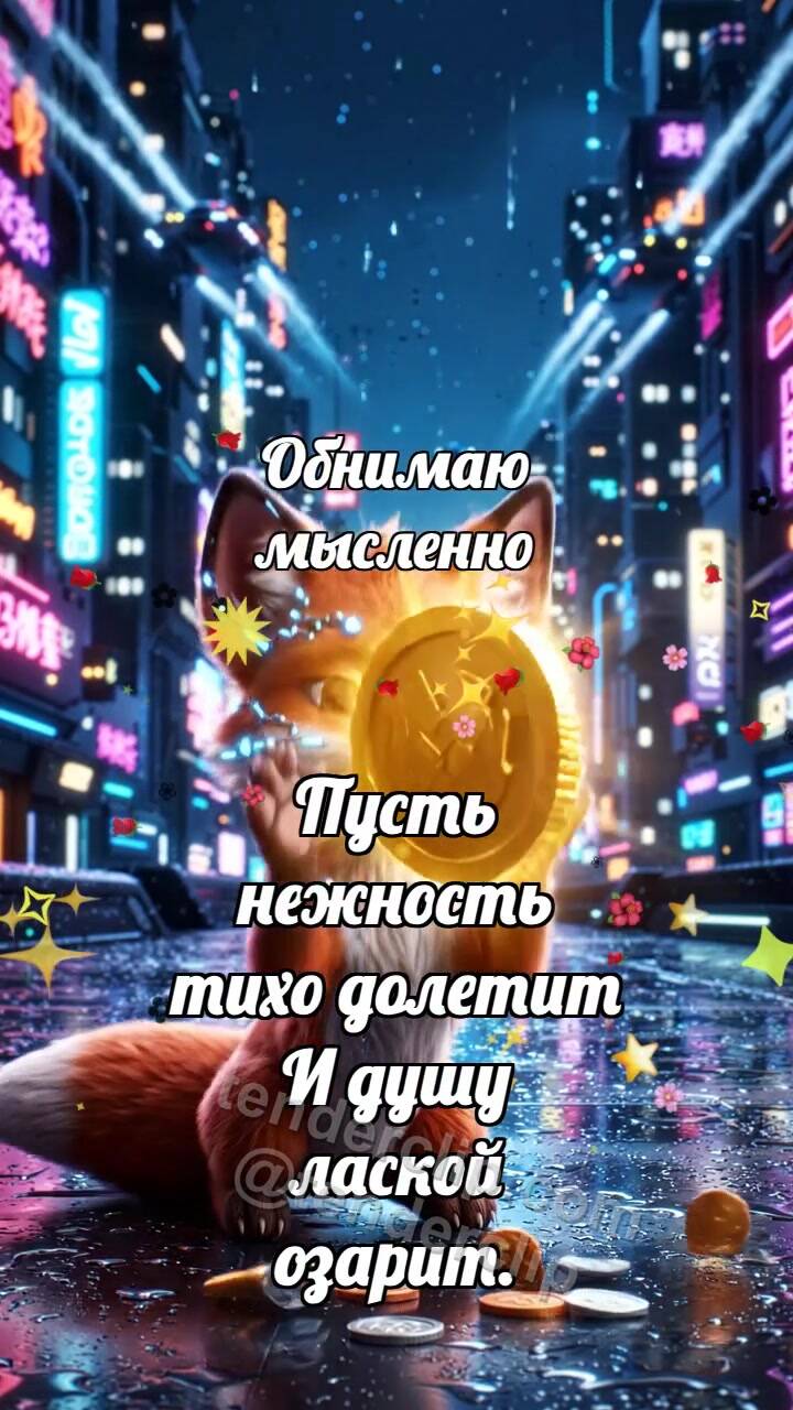 Анимационная открытка на тему Обнимаю мысленно: Лисёнок ловит удачу