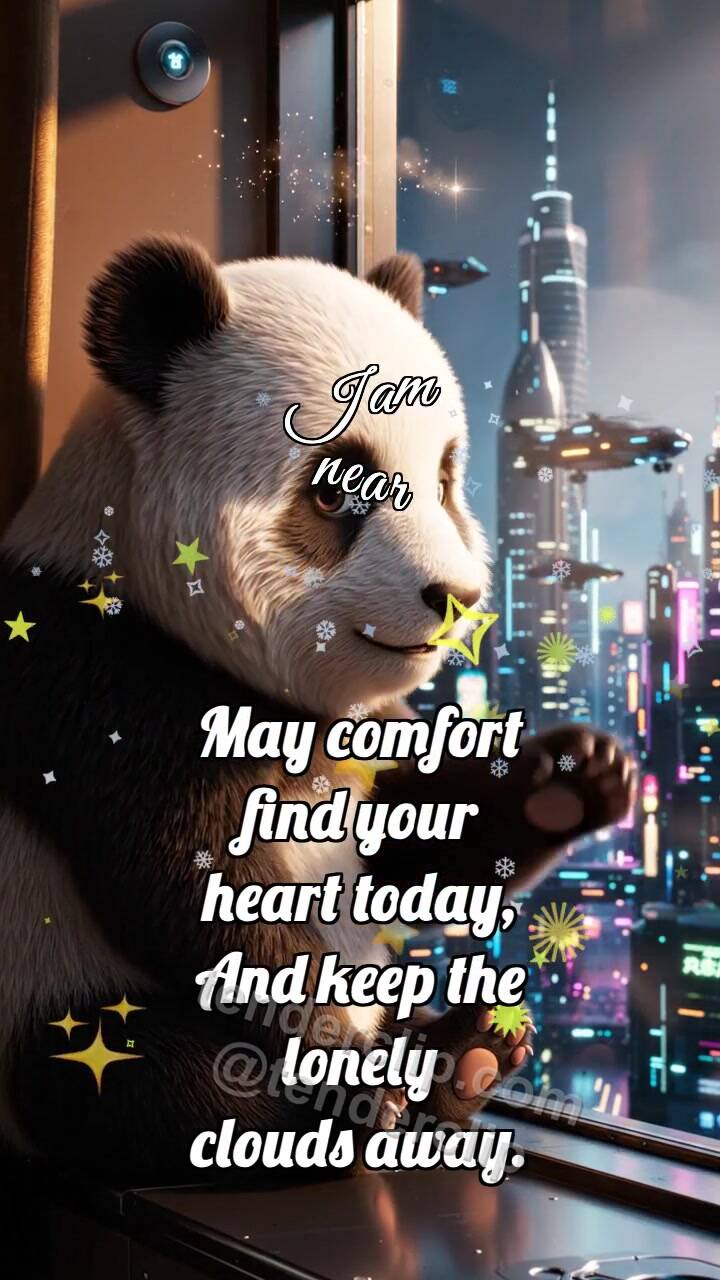Animated greeting card about I am near: Panda Cub By Warm Window