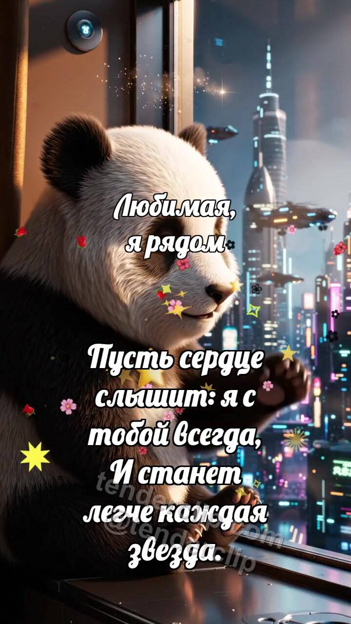 Анимационная открытка на тему Любимая, я рядом: Панда рядом у окна