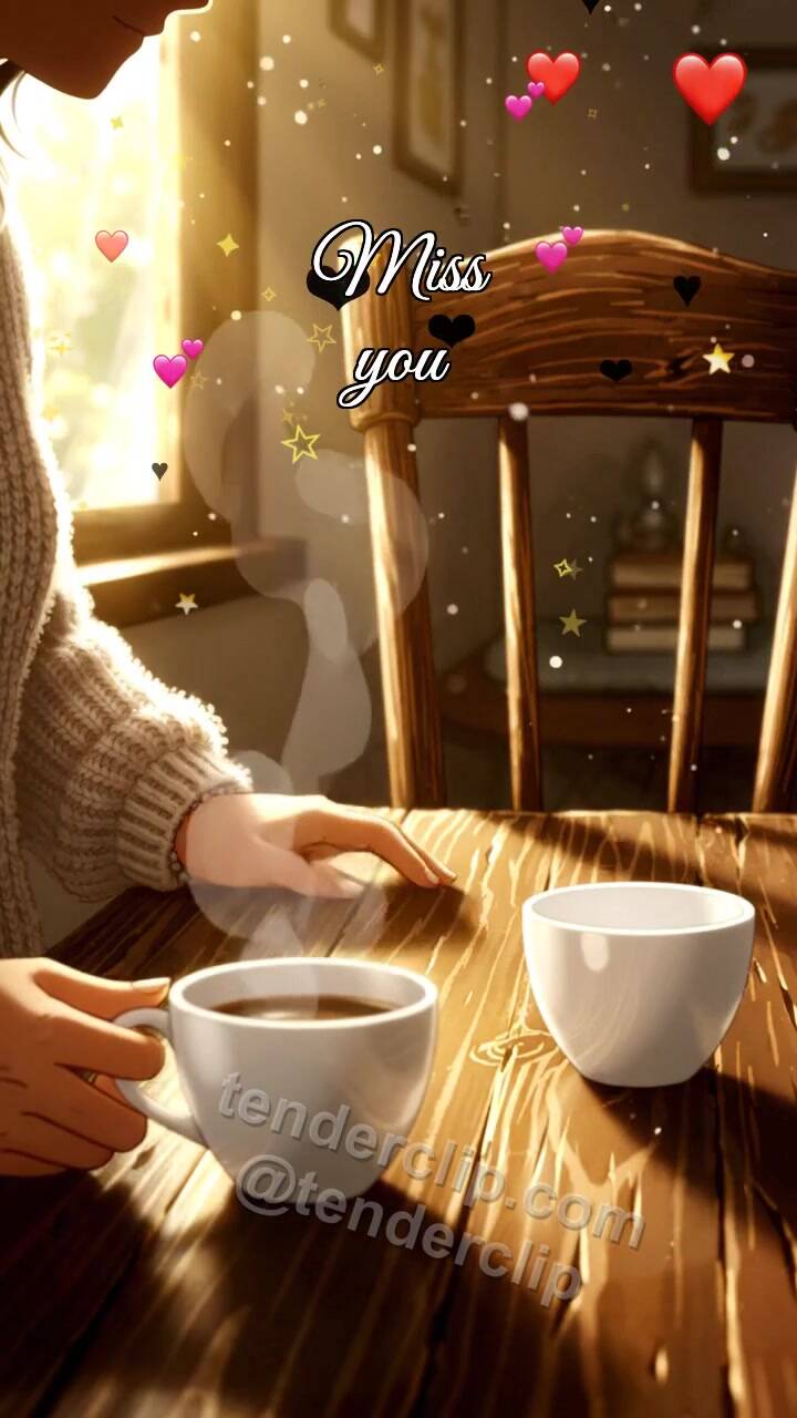 Animated greeting card about Miss you: second cup waits on the table