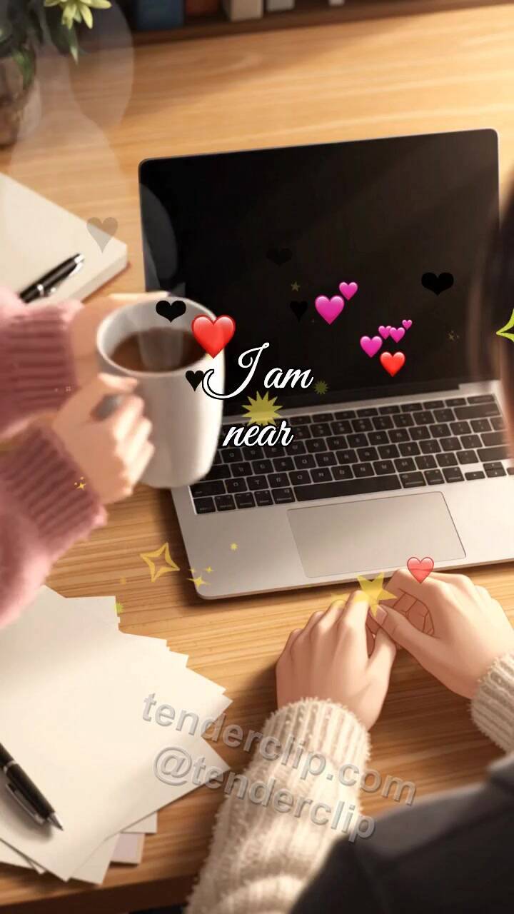 Animated greeting card about I am near: woman brings tea to a desk