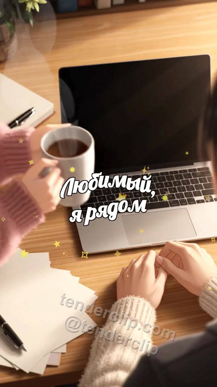 Анимационная открытка на тему Любимый, я рядом: женщина приносит чай к рабочему столу