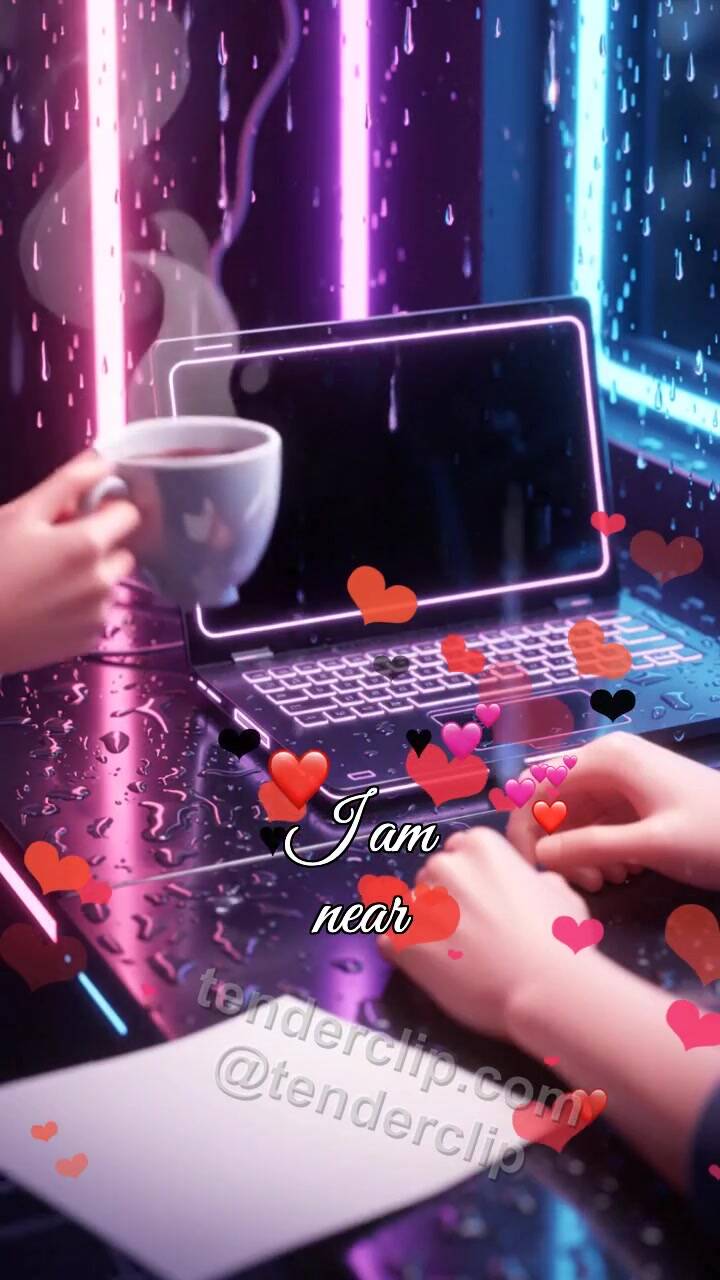Animated greeting card about I am near: woman brings tea to a desk