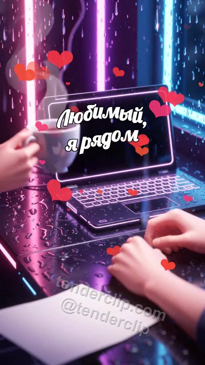 Анимационная открытка на тему Любимый, я рядом: женщина приносит чай к рабочему столу
