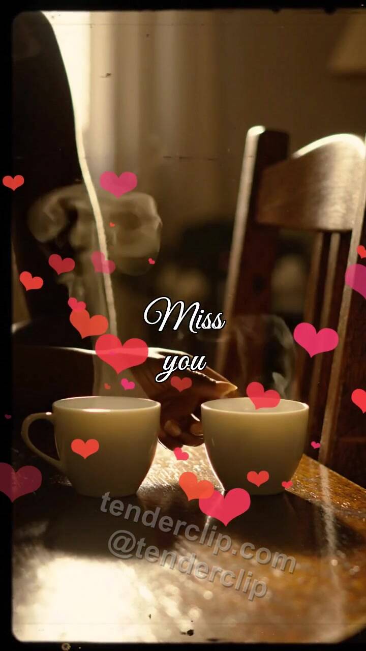 Animated greeting card about Miss you: second cup waits on the table