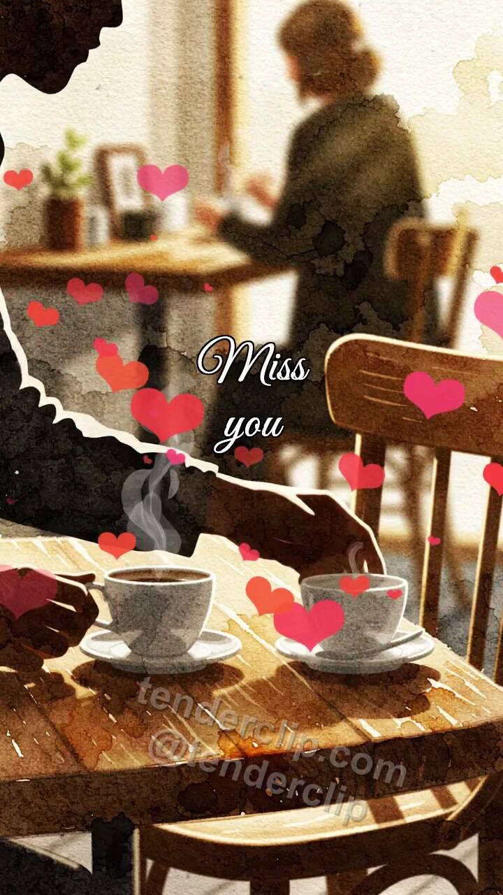 Animated greeting card about Miss you: second cup waits on the table
