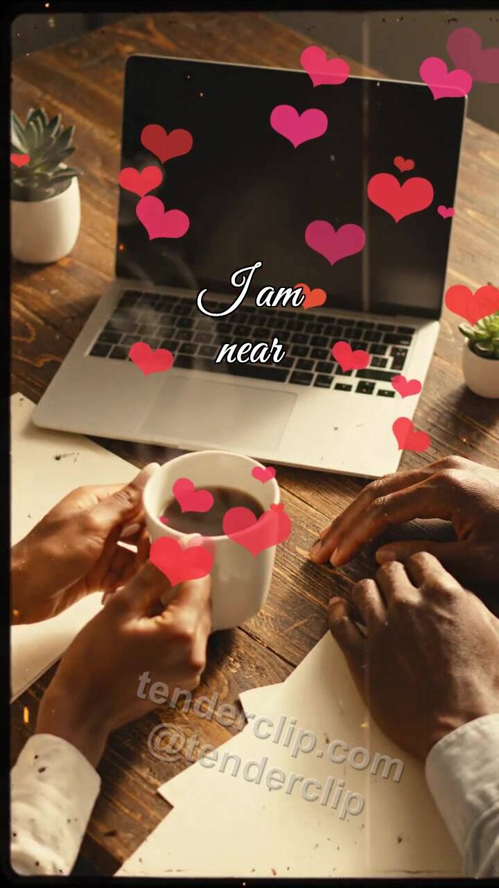 Animated greeting card about I am near: woman brings tea to a desk