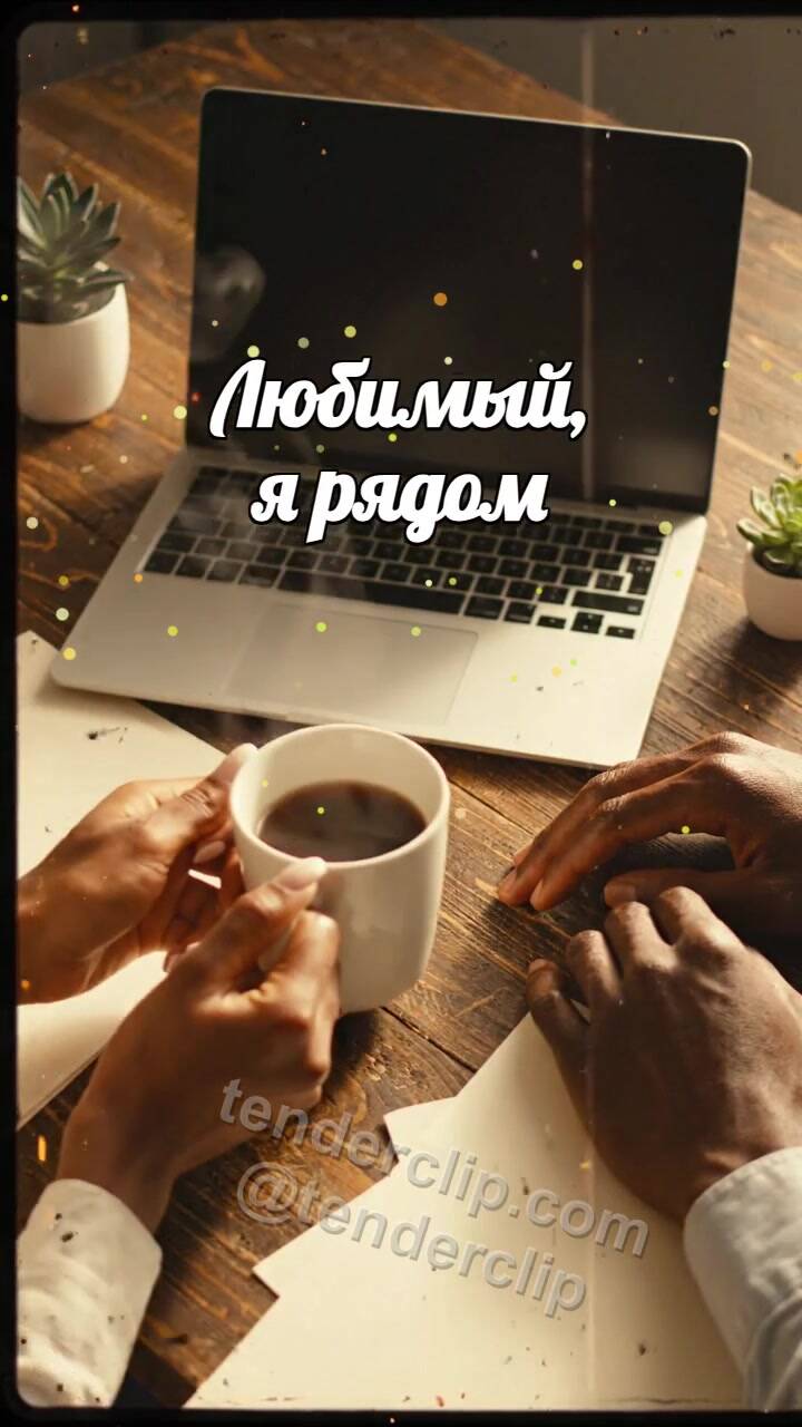 Анимационная открытка на тему Любимый, я рядом: женщина приносит чай к рабочему столу