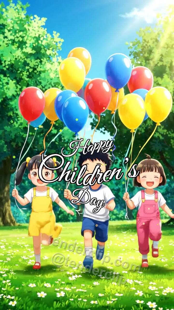 Animated greeting card about Happy Children’s Day: children run with balloons