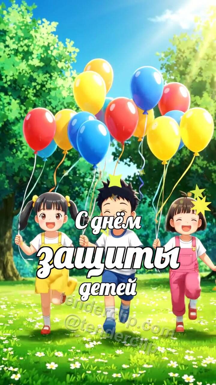 Анимационная открытка на тему С днём защиты детей: дети бегут с воздушными шарами