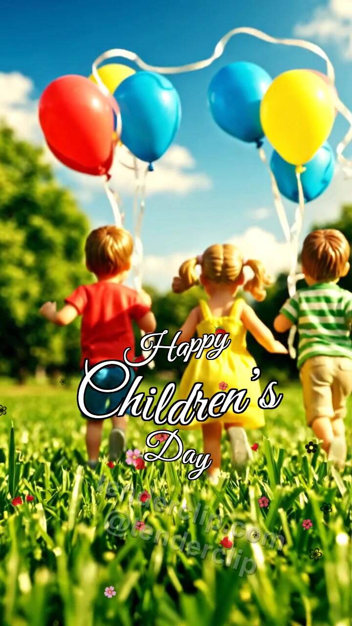 Animated greeting card about Happy Children’s Day: children run with balloons
