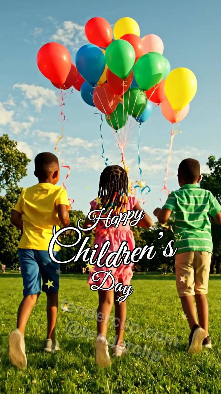 Animated greeting card about Happy Children’s Day: children run with balloons
