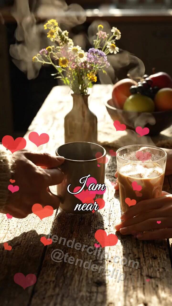 Animated greeting card about I am near: man brings a warm cup