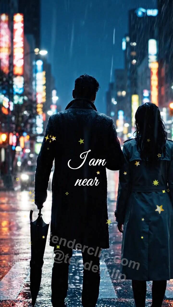 Animated greeting card about I am near: man shields a woman from rain