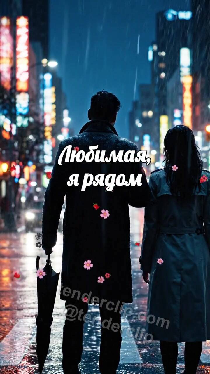 Анимационная открытка на тему Любимая, я рядом: мужчина закрывает женщину от дождя