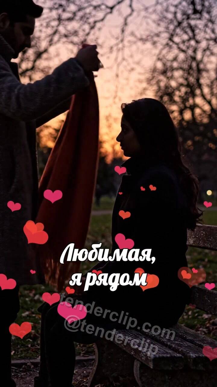 Анимационная открытка на тему Любимая, я рядом: мужчина укрывает плечи шарфом