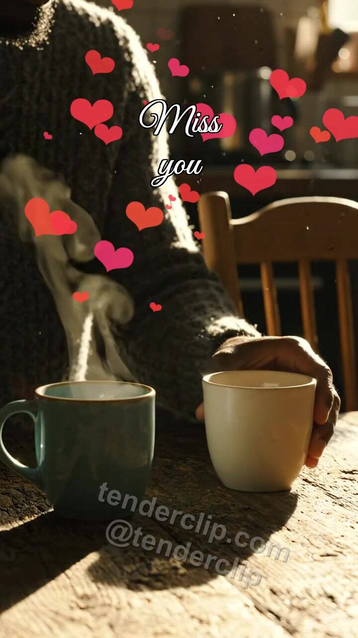 Animated greeting card about Miss you: second cup waits on the table