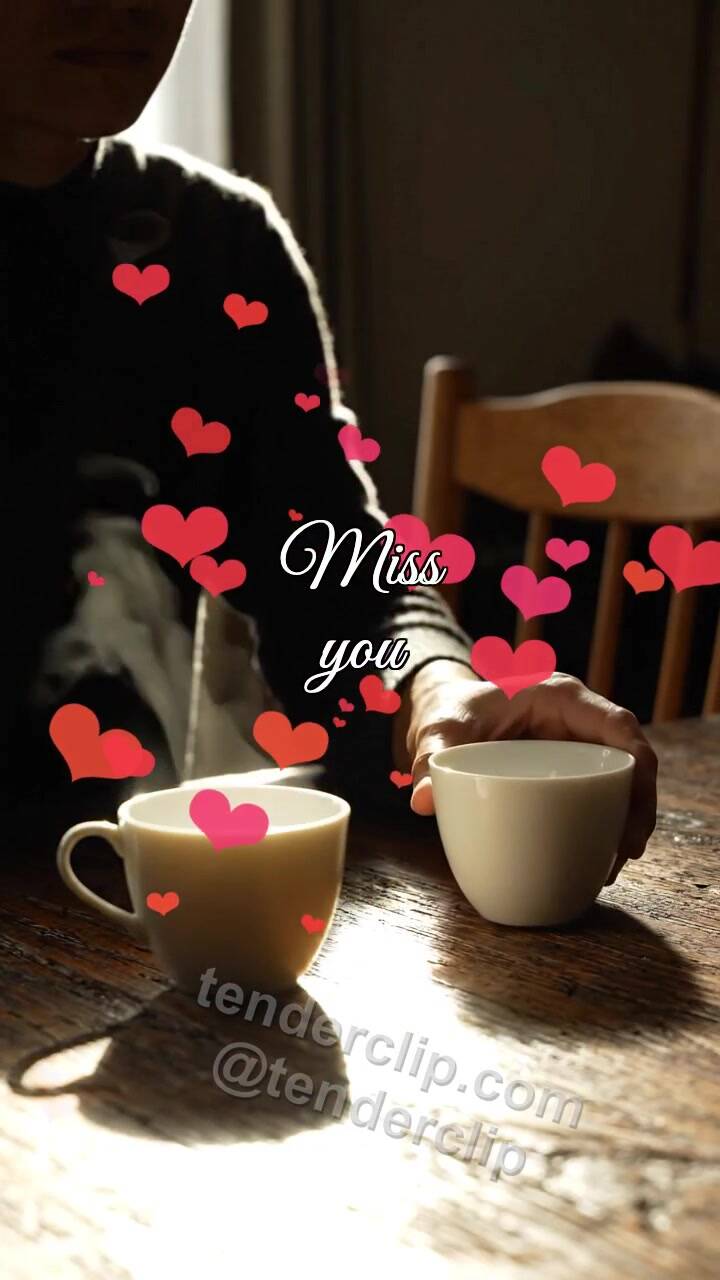 Animated greeting card about Miss you: second cup waits on the table
