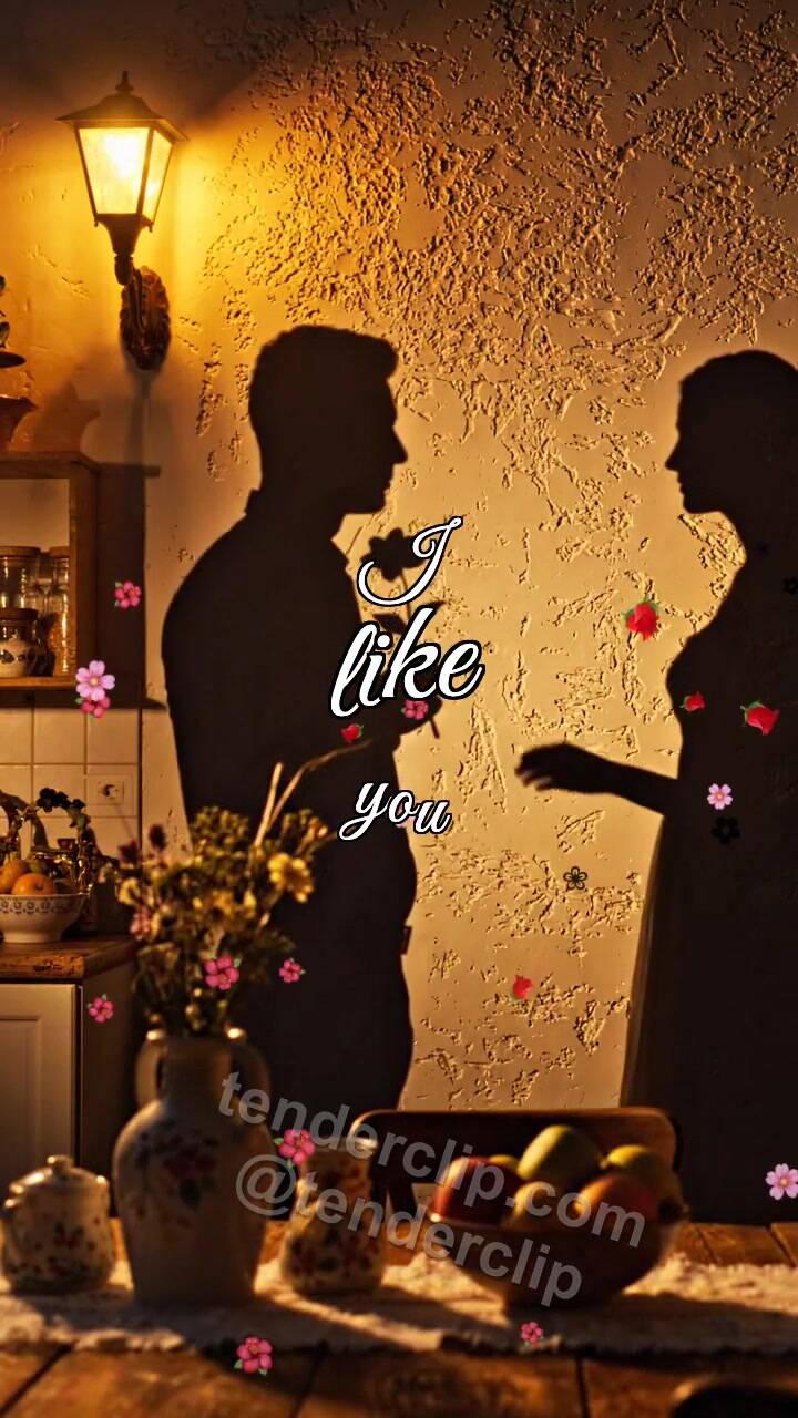 Animated greeting card about I like you: a man shadow gives a flower to a woman