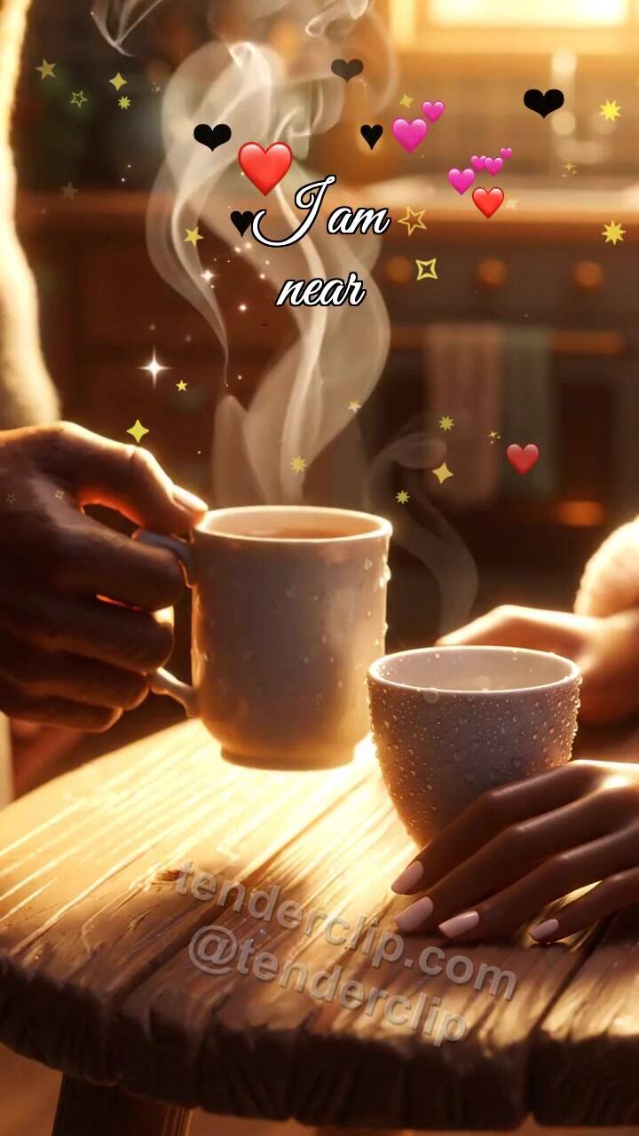 Animated greeting card about I am near: man brings a warm cup
