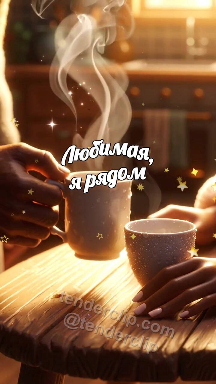 Анимационная открытка на тему Любимая, я рядом: мужчина приносит тёплую чашку