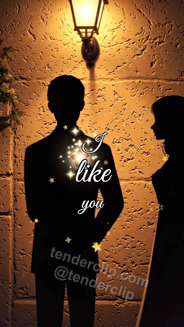 Animated greeting card about I like you: a man shadow gives a flower to a woman