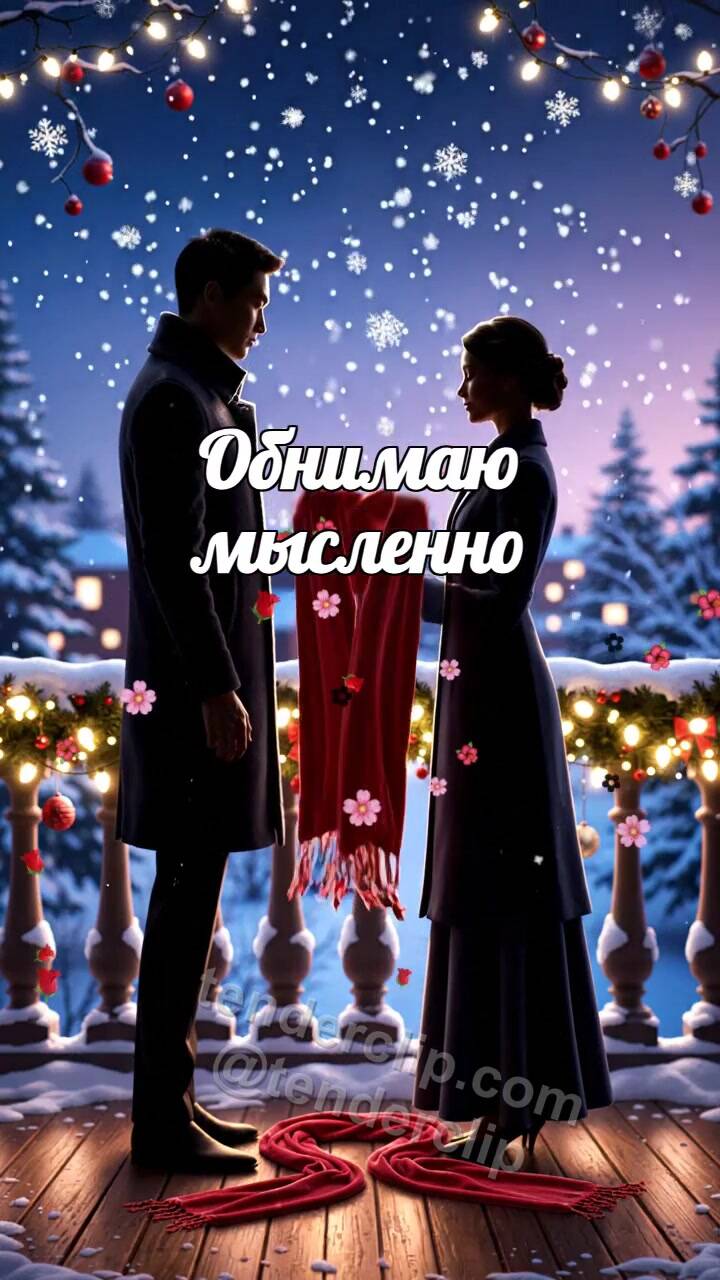 Анимационная открытка на тему Обнимаю мысленно: один шарф обнимает двоих