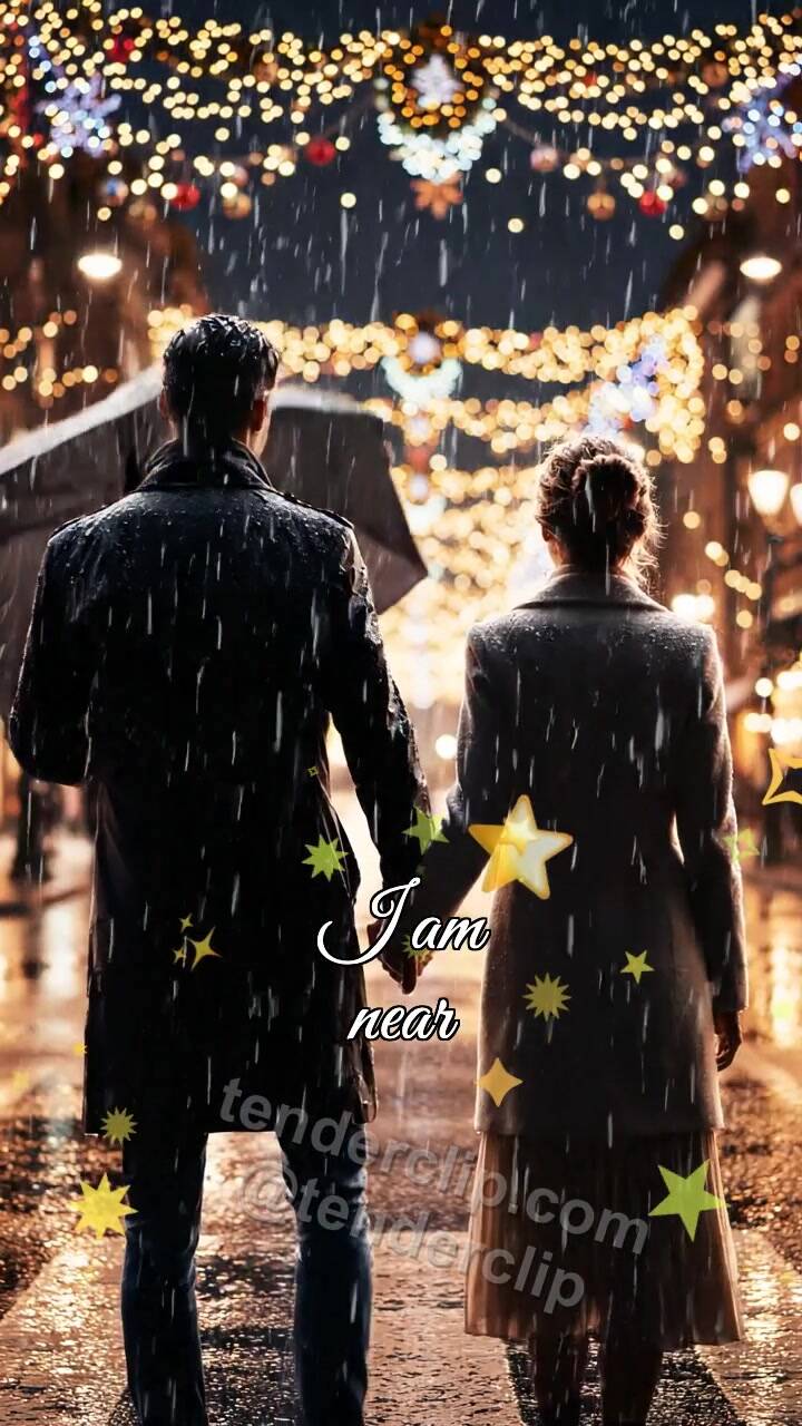 Animated greeting card about I am near: man shields a woman from rain