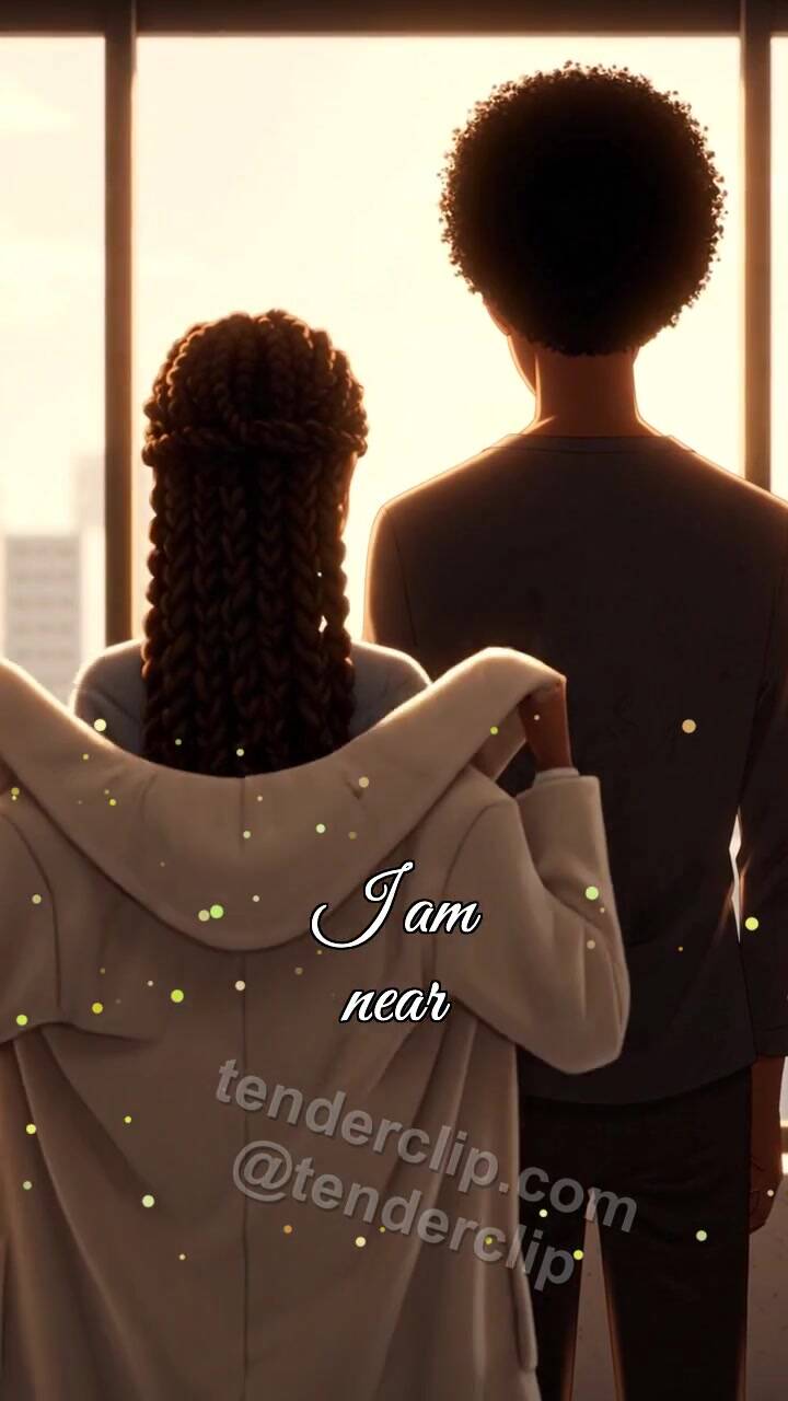 Animated greeting card about I am near: woman places a coat over shoulders