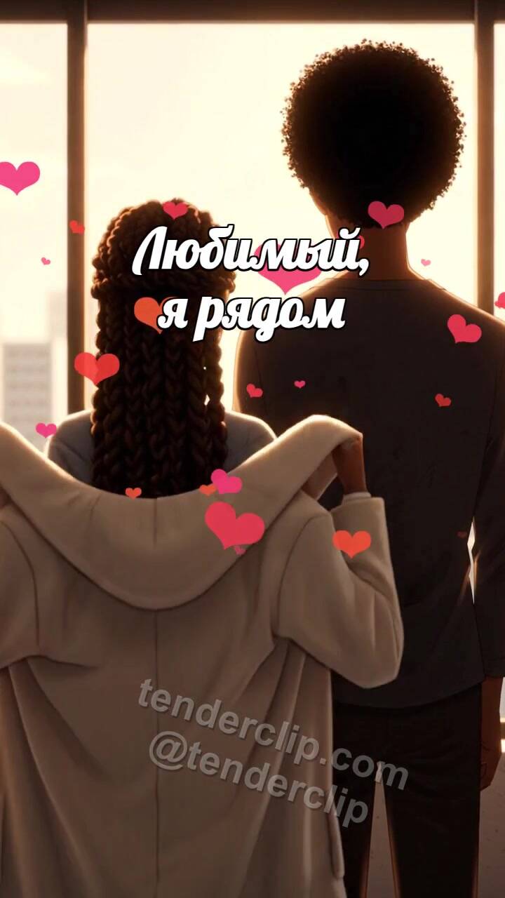Анимационная открытка на тему Любимый, я рядом: женщина накидывает пальто на плечи