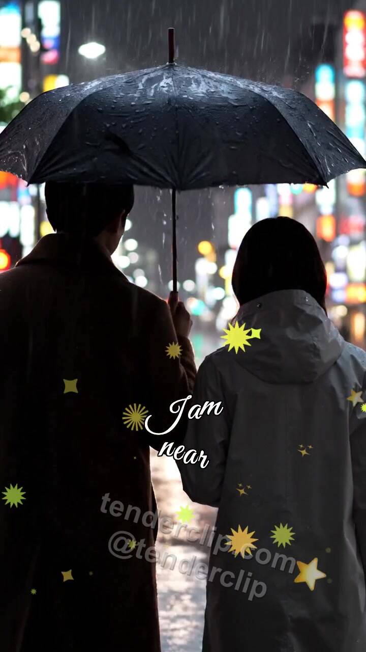 Animated greeting card about I am near: man shields a woman from rain